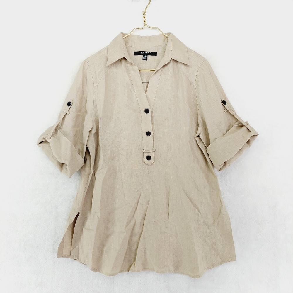 Coupe Collection 100% Linen Beige 1/4 Buttoned Collared Blouse P4510